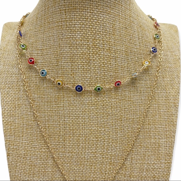 BP. Layered Glass Bead Evil Eye And Moon Star Pull Necklace - Picture 3 of 7